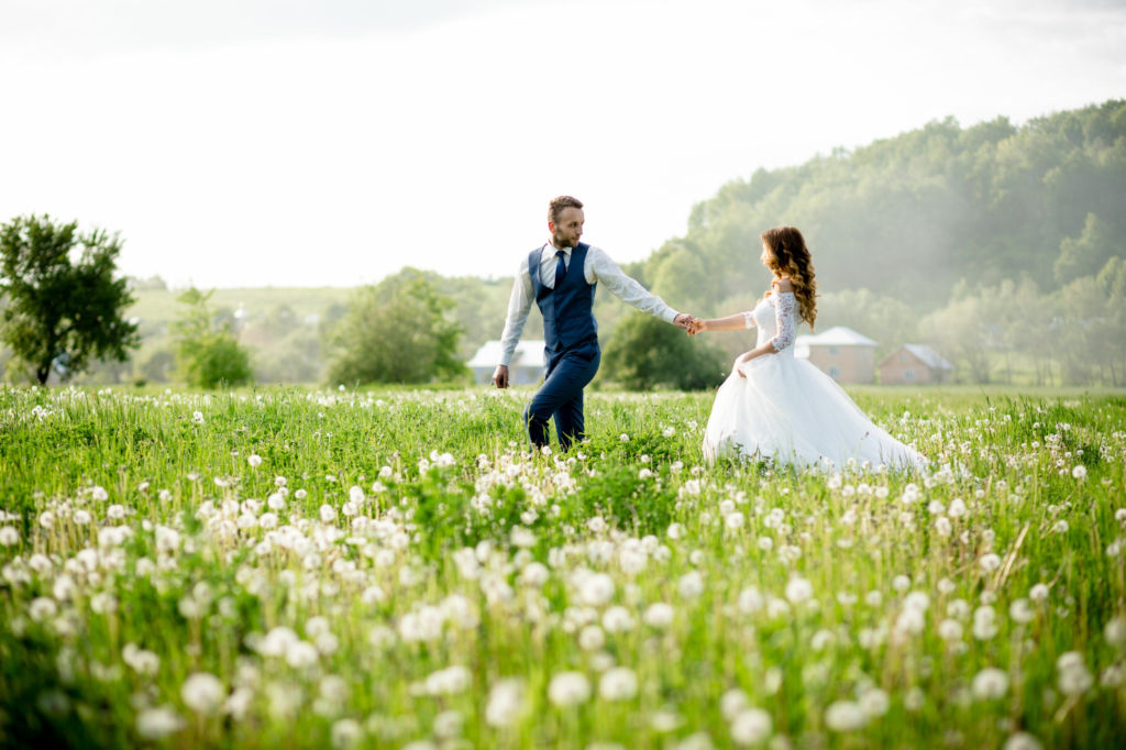 Adobe Stock - Photo d'illustration - Des mariés se tenant par la main et posant pour leurs photos de mariage dans un champ de pissenlits.