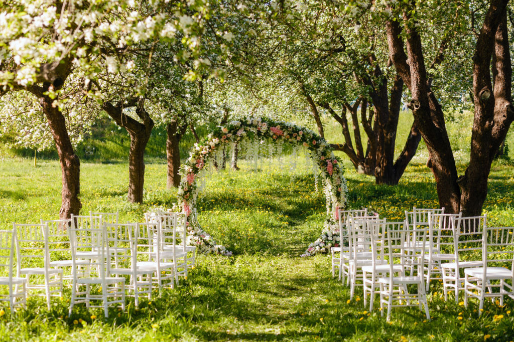Adobe Stock - Photo d'illustration - Une allée de cérémonie installée dans la nature, avec une arche de fleurs placée au centre.