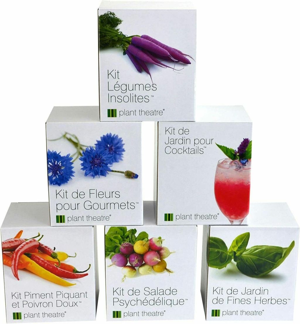 Amazon - Photo de la marque Plant Theatre - Des kits de graines pour faire pousser, chez soi, fleurs, fruits et légumes très facilement.