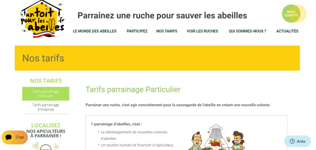 Capture d'écran du site Un Toit Pour Les Abeilles, pour parrainer une ruche et ainsi sauver les abeilles.