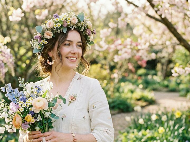 Accessoires fleuris : couronnes, bijoux et détails pour un look de mariée printanier