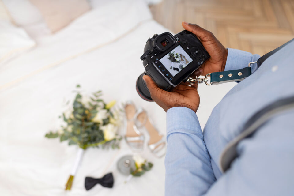 Freepik - Photo d'illustration - Un photographe s'apprête à immortaliser des objets précieux joliment disposés appartenant à la futur mariée. Le flat lay wedding est une tendance de plus en plus adoptée par les futurs mariés pour mettre en avant et conserver des détails relatifs au mariage. 