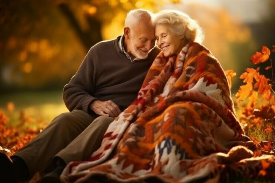 Freepik - Photo d'illustration - Un couple, célébrant ses noces d'érable, soit 58 ans de mariage, est assis ensemble en pleine nature, entouré d'un tapis de feuilles d'érable rougeoyantes.