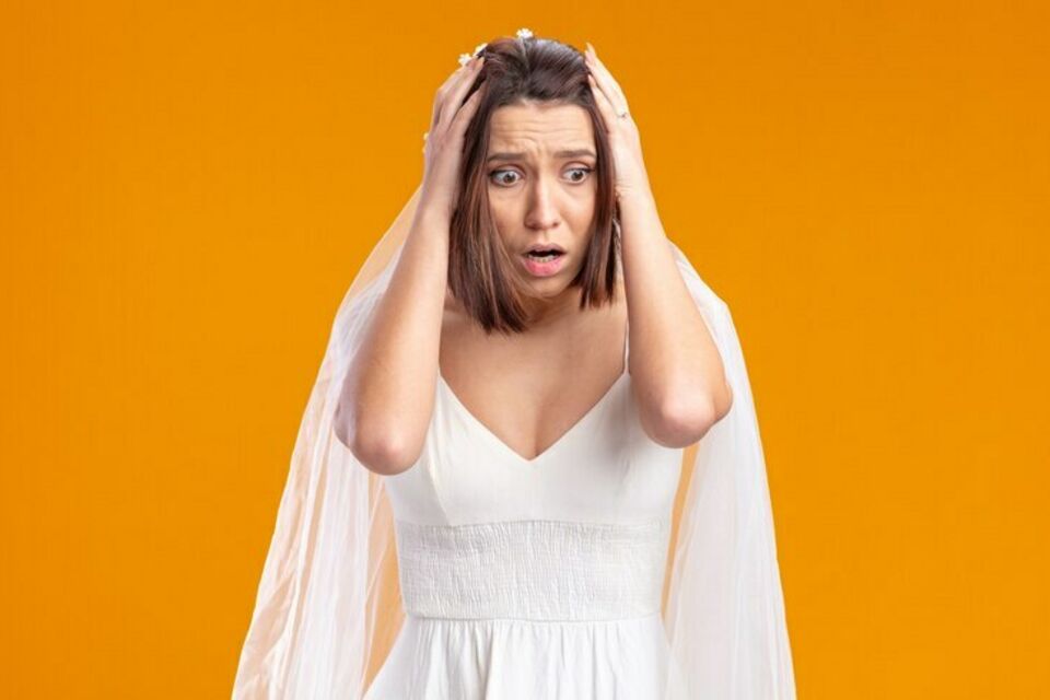 Freepik - Photo d'illustration - Mariée inquiète se tenant la tête avec les deux mains, manifestant son stress et ses craintes face aux imprévus potentiels du jour de son mariage. Ne pas se retrouver dans cette situation et tout faire pour l'éviter.