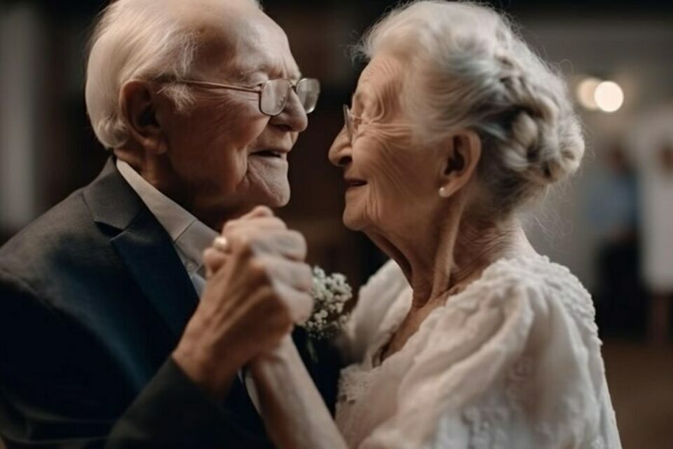 Freepik - Photo d'illustration - Célébration des noces de chêne : un couple échange des vœux renouvelés, entouré de sa famille, partageant des souvenirs et des rires, symbolisant 80 ans d'amour et de complicité.