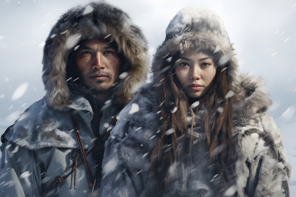 Adobe Stock - Photo d'illustration - Un joli couple d'Inuits portant leurs tenues de mariages traditionnelles et adaptées au climat arctique. Ils se préparent pour la cérémonie de mariage selon les traditions du peuple Inuk.