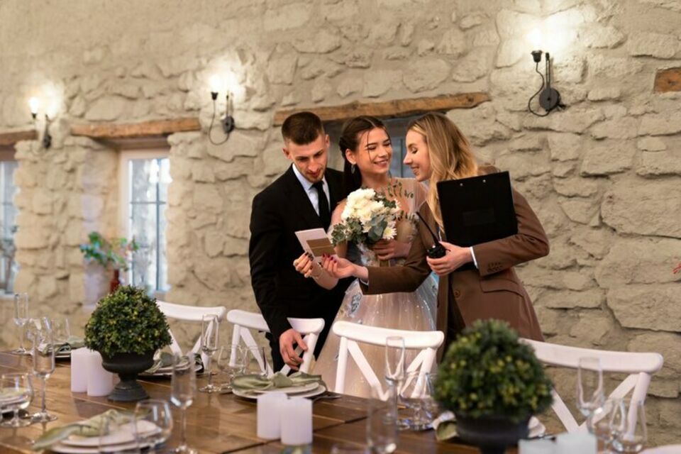 Freepik - Photo d'illustration - Un couple en discussion animée avec la responsable d'une salle de mariage, échangeant des idées sur la meilleure façon de gérer les invités pour assurer une réception harmonieuse et mémorable.
