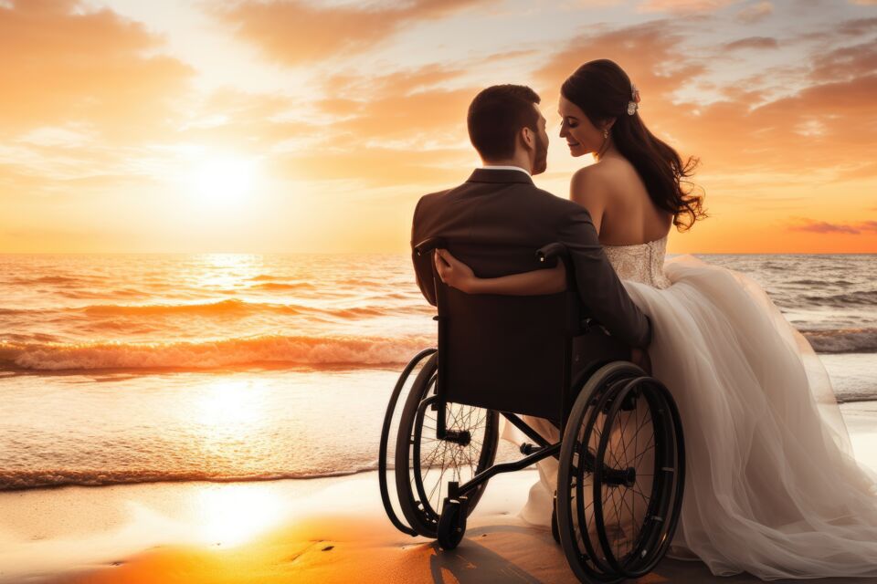 Adobe stock - Photo d'illustration - Un jeune couple de mariés amoureux pose spontanément pour une séance photo, pieds dans l'eau au coucher du soleil.