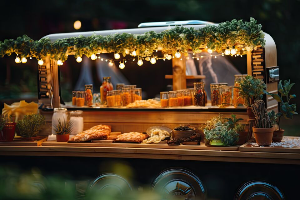 Adobe Stock - Food truck bien garnis de produits appétissants et rafraichissants prêts à combler les papilles les invités d'une réception de mariage.