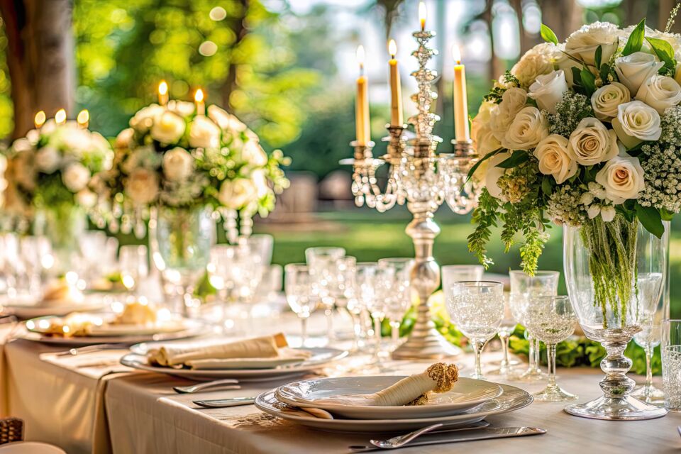 Adobe Stock - Photo d'illustration - Magnifique table de mariage rectangulaire, décorée avec harmonie, goût et subtilité. Les éléments choisis avec soin ajoutent une touche d'élégance inégalable. 