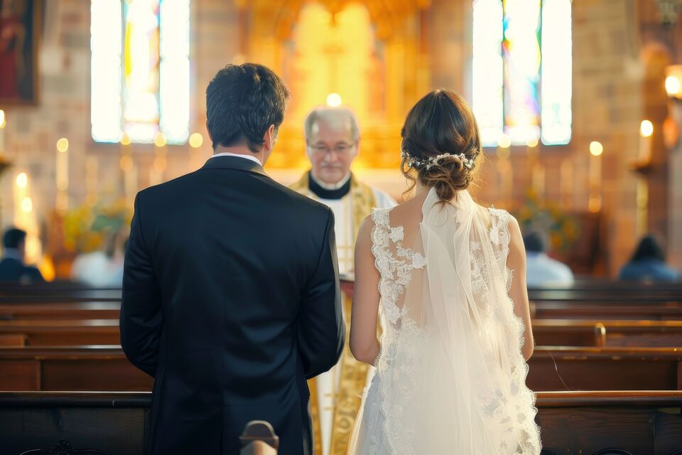 Adobe Stock - Un couple en tenue de mariage se tient dos à l'autel, face à un prêtre, prêt à échanger leurs vœux dans une église magnifiquement décorée.