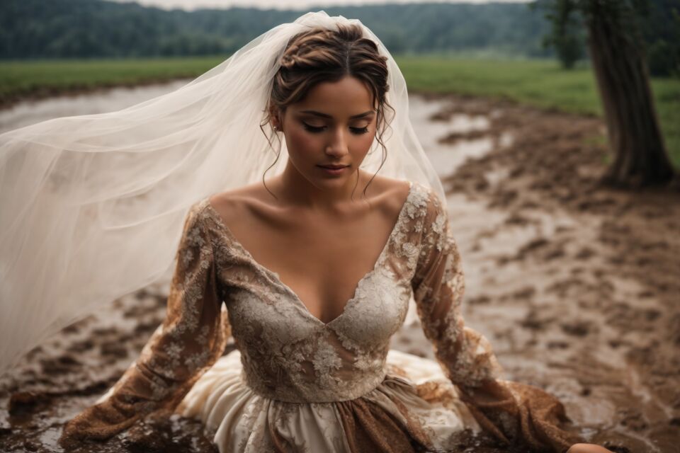 Adobe Stock - Photo d'illustration - Jeune mariée en tenue nuptiale qui n'hésite pas à se couvrir de boue pour une séance photo originale trash the dress.
