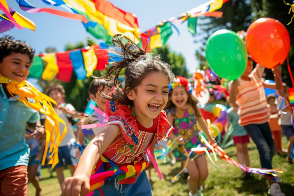 Adobe Stock - photo d'illustration - Des enfants joyeux lors du Kodomo no Hi, entourés de confettis et de koinobori colorés flottant au vent, célèbrent cette journée dédiée à leur bonheur et à leur croissance avec des sourires éclatants et des rires contagieux. 