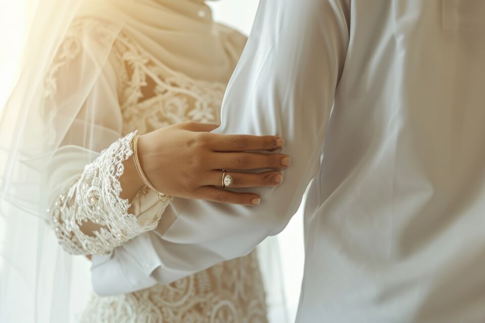 Adobe Stock - Photo d'illustration - Au Qatar, lors d'un mariage, la jeune mariée porte une robe de mariée classique tandis que le jeune marié arbore le thobe traditionnel du pays.