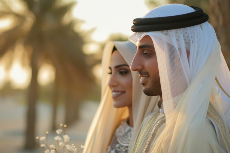 Adobe Stock - Photo d'illustration - Jeunes mariés émiratis, habillés selon les traditions nuptiales du pays. 