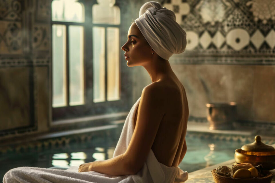Adobe Stock - Photo d'illustration - Une jeune future mariée se détend dans un hammam, enveloppée dans de luxueuses serviettes de bain, savourant un moment de sérénité avant le grand jour.