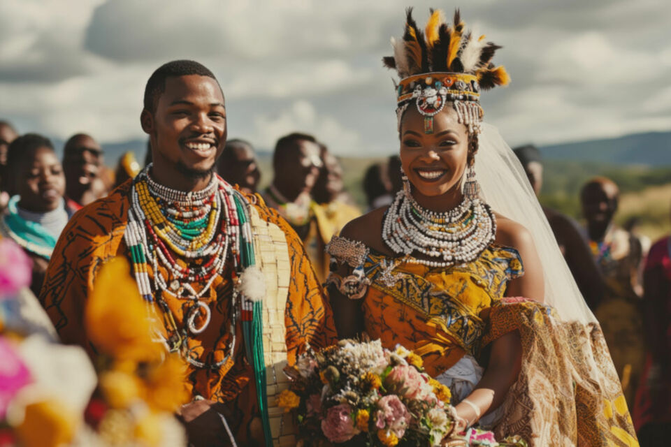 Adobe Stock - Photo d'illustration - Jeune couple de mariés en Namibie, arborant de magnifiques tenues nuptiales traditionnelles et colorées le jour de leurs noces.