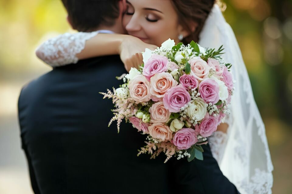 Adobe Stock - Photo d'illustration - Un instant d’amour capturé : la mariée enlace tendrement son époux, son bouquet reflétant la beauté et l'émotion de cette journée unique.