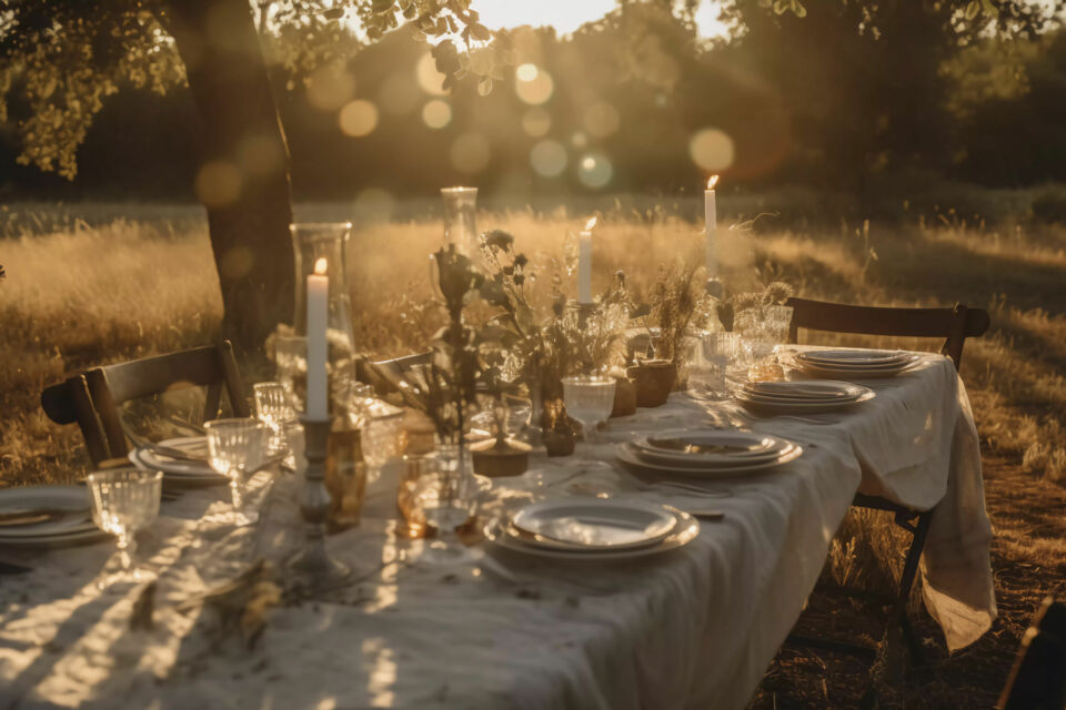 Adobe Stock - Photo d'illustration - Une magnifique table de mariage en plein air, décorée avec des éléments éco-responsables : nappes en lin naturel, vaisselle en céramique artisanale et centres de table en fleurs sauvages, pour un mariage qui respecte la nature tout en célébrant l'amour.