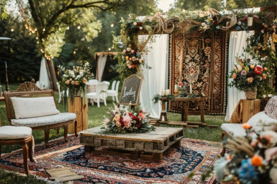 Adobe Stock - Photo d'illustration - Un coin lounge boho chic en plein air, avec tapis, fauteuils et coussins colorés, pour une ambiance chaleureuse et détendue, parfaite pour un mariage en toute simplicité.