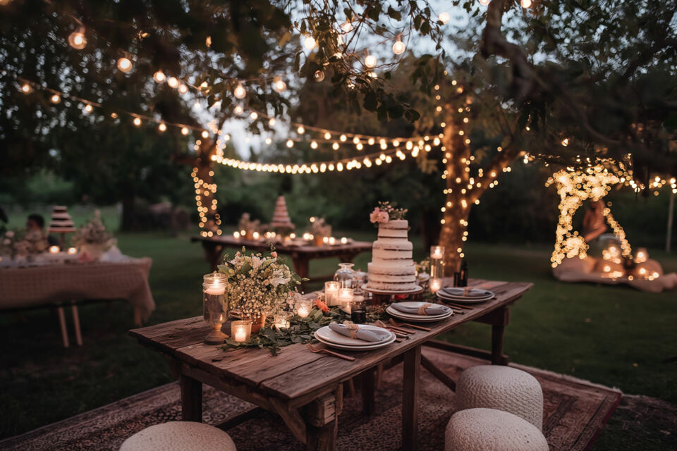 Adobe Stock - Photo d'illustration -- Sous un ciel étoilé, cette table de mariage rustique en plein air, ornée de bois brut et de fleurs sauvages, est sublimée par des guirlandes lumineuses créant une ambiance chaleureuse et féerique.