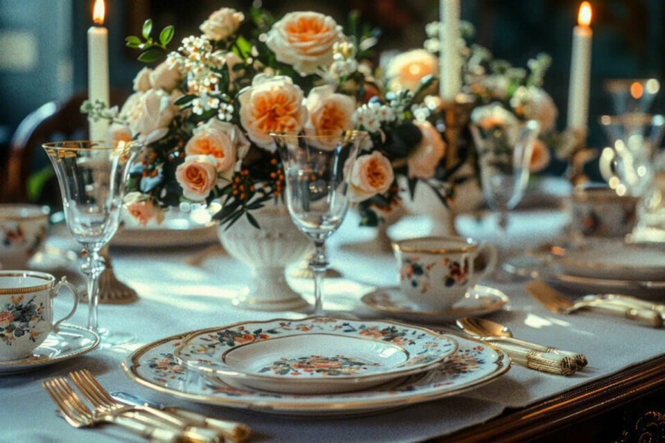 Adobe Stock - Photo d'illustration - Une table de réception élégamment décorée dans le style victorien, avec des nappes en dentelle, des chandeliers en argent et des arrangements floraux somptueux qui évoquent le charme et le raffinement d'une époque révolue.