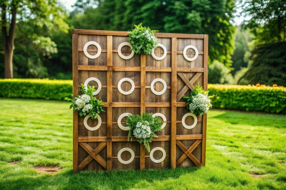 Adobe Stock - Photo d'illustration - Un morpion géant en bois, décoré de délicates fleurs printanières, trône fièrement en extérieur. Il ajoute une touche ludique et romantique à la décoration, invitant les invités à s'amuser tout en profitant de l'ambiance bucolique de ce mariage unique.