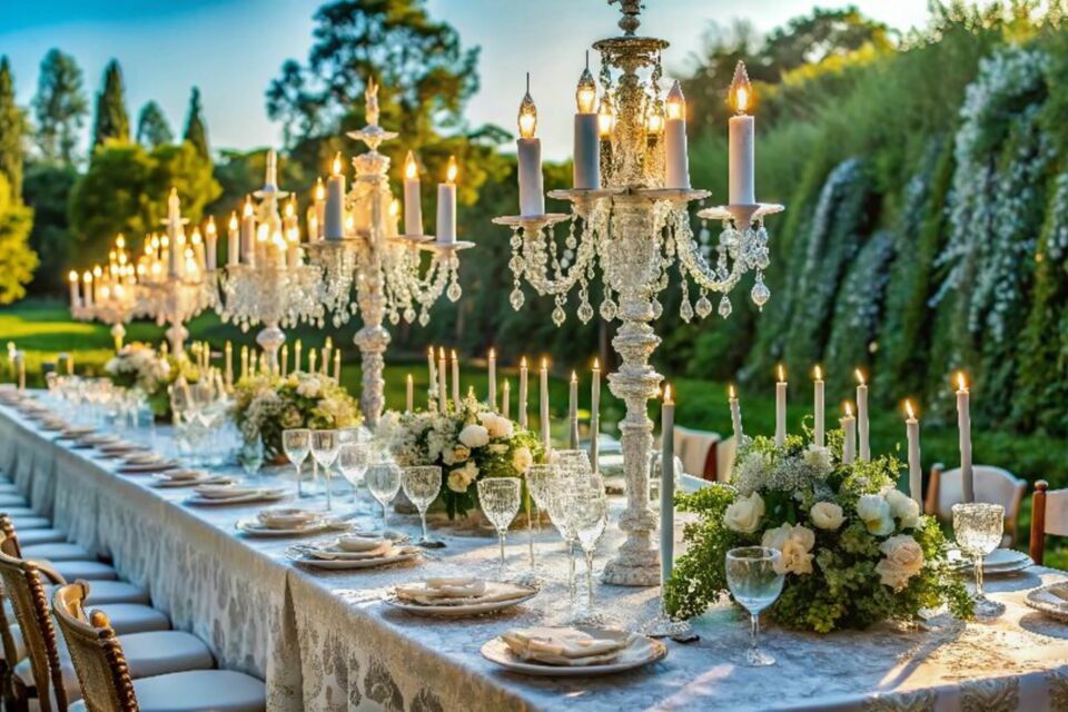 Adobe Stock - Photo d'illustration - Une table élégamment dressée en plein air, ornée de chandeliers majestueux, de nappes raffinées et de verres en cristal scintillants, incarne parfaitement le thème du luxe et de l’opulence.