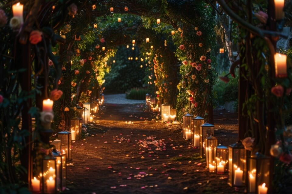 Adobe Stock - Photo d'illustration - Un coin de rêve au cœur de la nature : des lanternes pour tracer le chemin, des fleurs en arche ...créent l’ambiance féerique d’un jardin secret, parfait pour une célébration intime et romantique en plein air.