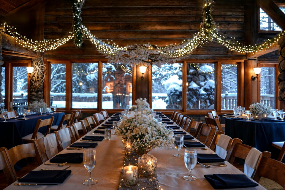 Freepik - Photo d'illustration - Chalet sobrement décoré évoquant le thème montagne pour apporter douceur, authenticité et chaleur à la réception de mariage.