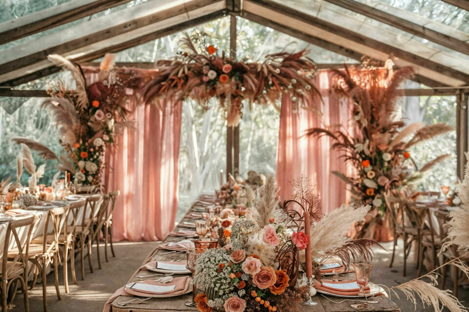 Freepik - Photo d'illustration - Freepik - Photo d'illustration - Un décor féerique pour un mariage sur le thème Jardin d'hiver : tables élégamment dressées avec des compositions florales romantique et une ambiance chaleureuse pour un moment magique.