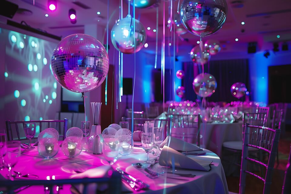 Adobe Stock - Photo d'illustration - Pour une ambiance festive et scintillante, optez pour une décoration mariage sur le thème Disco : boules à facettes, paillettes et néons pour une célébration nuptiale inspirée des années 70.