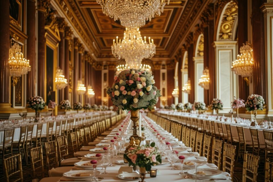 Adobe Stock - Photo d'illustration - Pour un mariage inspiré par la grandeur des opéras, Une salle ornée de rideaux en velours rouge, de lustres scintillants et de compositions florales somptueuses reflète parfaitement ce thème.
