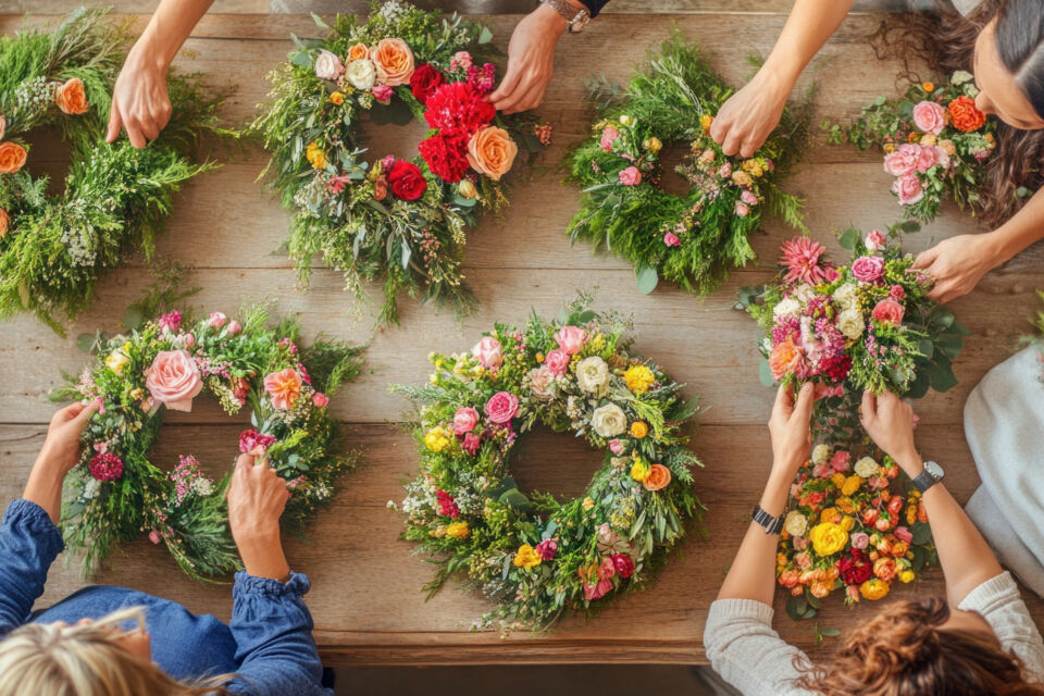 Adobe Stock - Photo d'illustration - L'atelier de création de couronnes de fleurs est l'une des activités créatives idéales à intégrer dans l'animation d'un mariage au thème artistique.