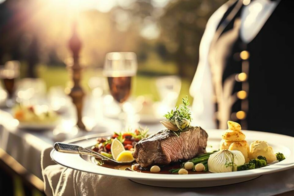 Adobe Stock - Photo d'illustration - Un délicieux rôti de bœuf, accompagné de légumes rôtis et Yorkshire puddings, pour un mariage à l'anglaise alliant tradition et raffinement.