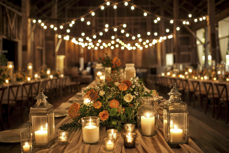 Freepik - Photo d'illustration - Pour une ambiance chaleureuse et authentique, la décoration de tables pour mariage rustique peut inclure des éléments naturels comme des rondins de bois, des fleurs sauvages et des lanternes en métal.
