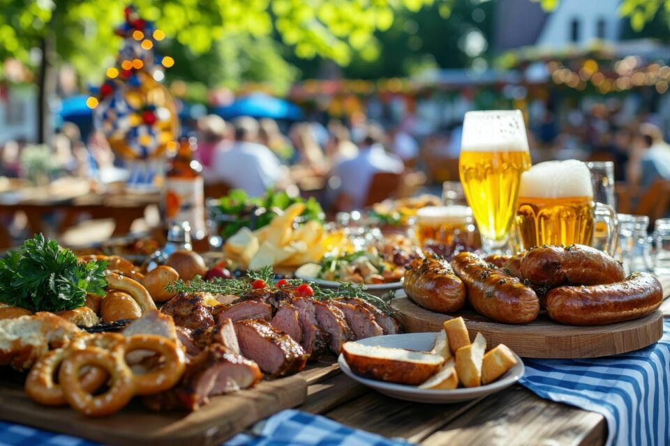 Adobe Stock - Photo d'illustration -&nbsp;Une table de mariage typiquement allemande ornée de généreux plateaux de bretzels dorés, de saucisses grillées et de chopes de bière mousseuse, créant une ambiance conviviale et festive autour des saveurs authentiques du pays.