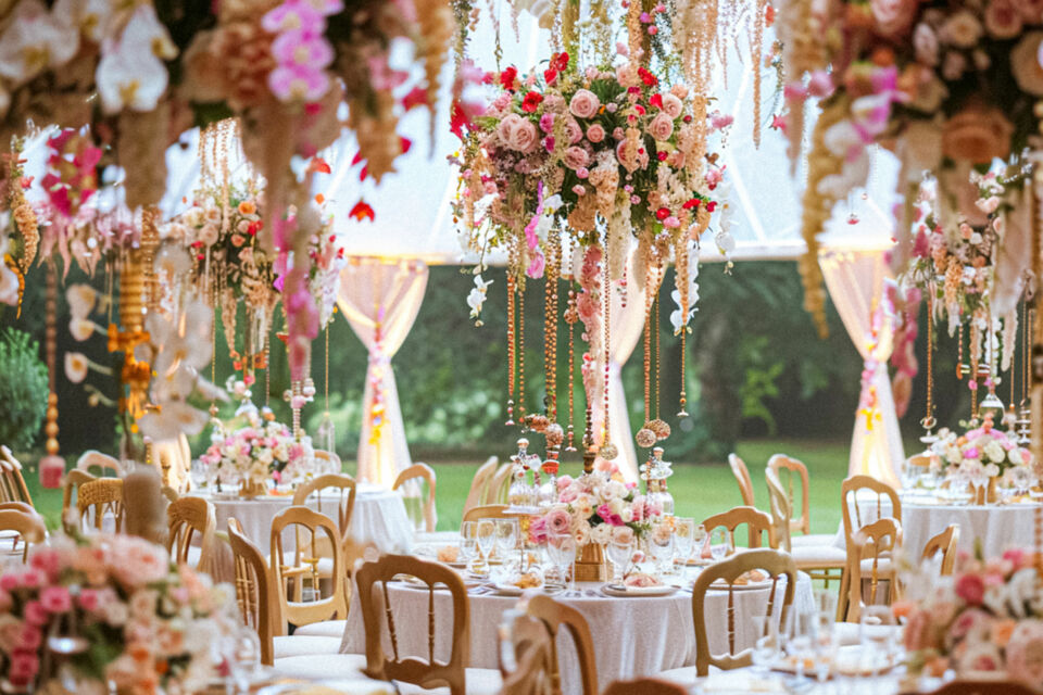 Adobe Stock - Photo d'illustration - Pour une réception de mariage unique, suspendre des lanternes en papier, des guirlandes de fleurs ou des bougies flottantes, créant ainsi une ambiance magique et féerique