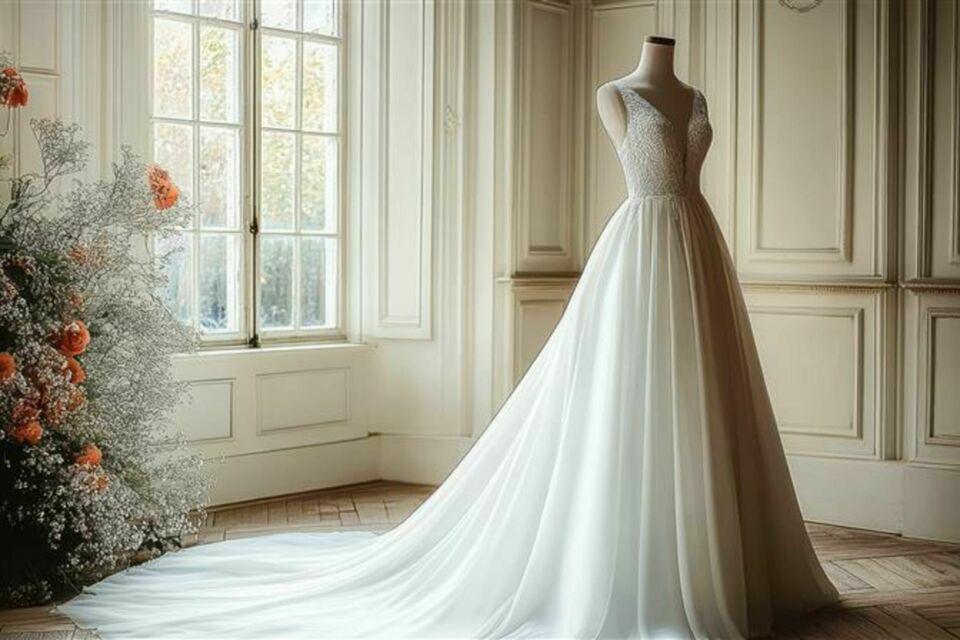Adobe Stock - Photo d'illustration - Élégance intemporelle : la robe de mariée française traditionnelle, symbole de raffinement et d'héritage couture.