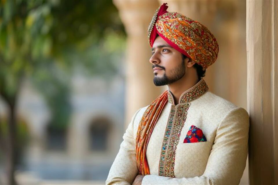 Adobe Stock - Photo d'illustration - Jeune marié arborant la tenue traditionnelle des mariage indiens. Sherwani, Kurta et Pagri sont les pièces essentielles que les mariés privilégient de porter le jour J.
