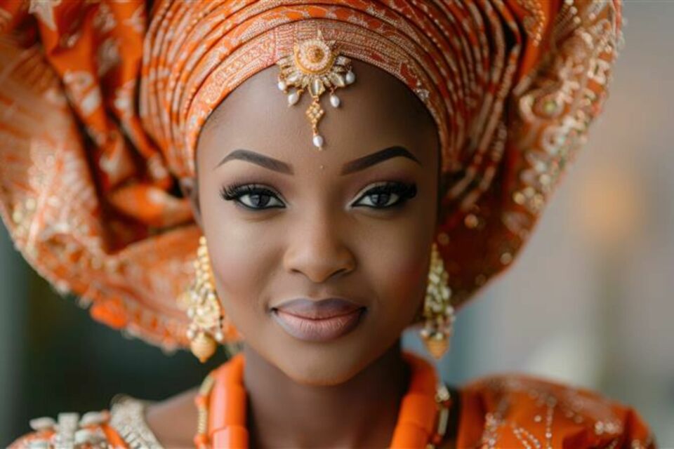 Adobe Stock - Photo d'illustration - Mariée nigériane resplendissante dans une tenue traditionnelle, ornée d'un gele majestueux et d'un aso-oke vibrant, symbole de culture et d'élégance.