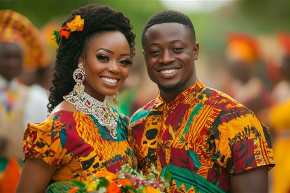 Adobe Stock - Photo d'illustration - Un couple de mariés ghanéens rayonnant dans leurs tenues traditionnelles en kente, symbolisant leur union à travers des motifs et couleurs riches de sens.