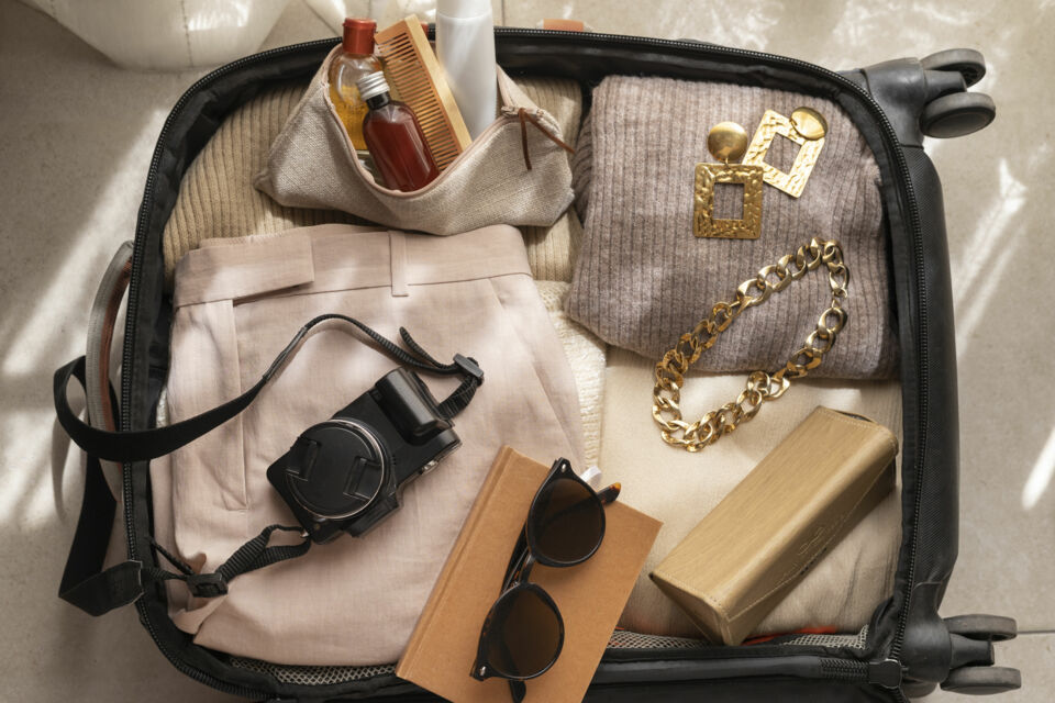 Freepik - Photo d'illustration - Un moment de détente après la cérémonie : la mariée prépare sa valise avec soin pour une nuit de noces parfaite, incluant lingerie raffinée, trousse beauté et accessoires essentiels.