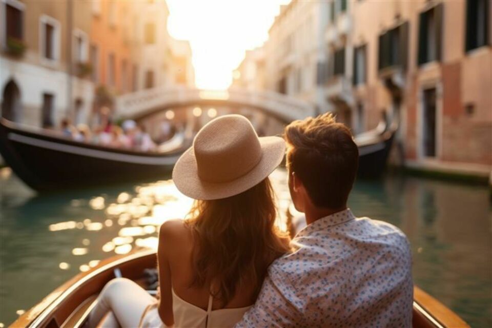 Adobe Stock - Photo d'illustration - Couple de jeunes mariés amoureux en voyage de noces à Venise. Une des villes les plus romantiques du monde.