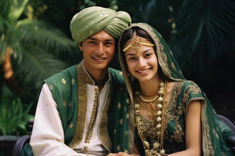 Freepik - Photo d'illustration - Un couple de mariés pakistanais resplendissant en tenues traditionnelles nuptiales.
