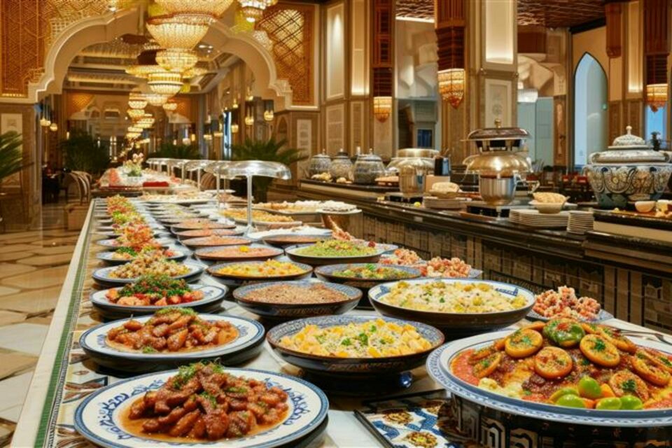 Adobe Stock - Photo d'illustration - Un buffet de mariage tunisien coloré et généreux, présentant un éventail de spécialités locales. Un festin de traditions et de saveurs, parfait pour célébrer l'union et l'hospitalité.