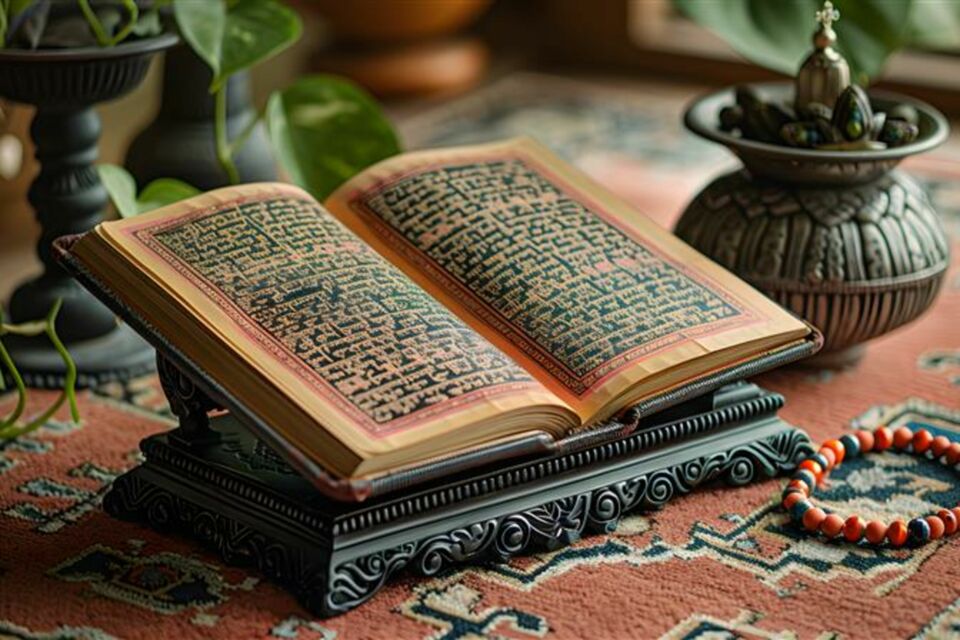 Adobe Stock - Photo d'illustration - Un livre sacré ouvert, dévoilant des textes hindous traditionnels, prêt à être récité pour bénir l'union de deux âmes lors d'un mariage empreint de spiritualité et de tradition.