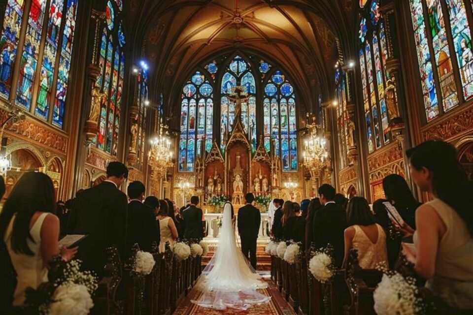 Adobe Stock - Photo d'illustration - Dans la majesté d'une cathédrale ornée, un couple avance vers l'autel, symbolisant l'union sacrée et la tradition. Quels frais et dons prévoir pour faire de ce moment un instant inoubliable, respectueux des coutumes chrétiennes ?