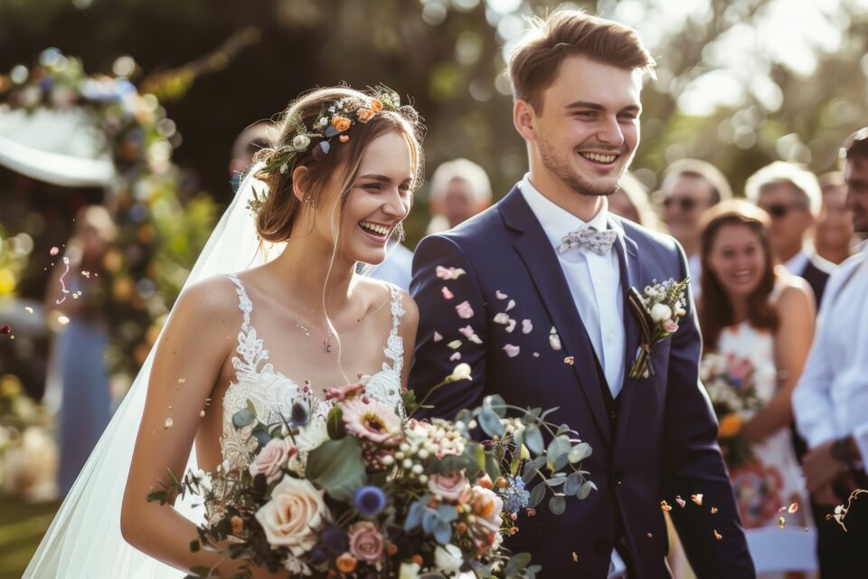 Adobe Stock -  Photo d'illustration -  En coordonnant les couleurs et les styles, vous pouvez parfaitement assortir le costume du marié à la robe de la mariée tout en créant uen harmmonie élégante et ajoutant une touche de cohésion visuelle et de sophistication à votre look.