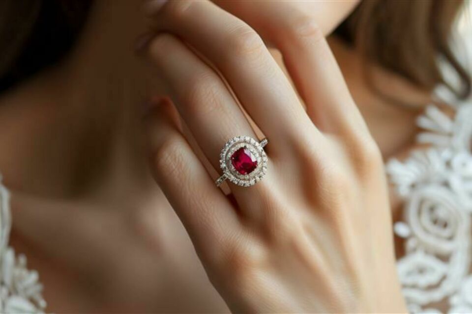 Adobe Stock - Photo d'illustration -&nbsp;Une bague de fiançailles ornée d’une pierre rouge, symbole de passion et d’amour éternel, illumine élégamment une main prête à écrire une nouvelle histoire.